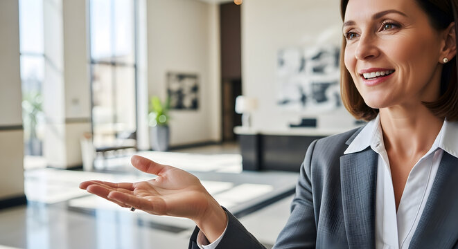 Smiling businesswoman presenting something with an open hand in a lobby