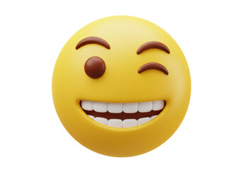 Winking yellow emoji isolated on transparent background, 3D rendering emoticon with happy smiling face for social media and communication