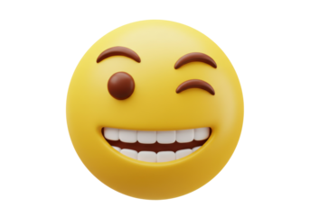 Winking yellow emoji isolated on transparent background, 3D rendering emoticon with happy smiling face for social media and communication