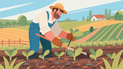 Farmers are doing farm work in the fields, with cartoon hand-drawn vector illustrations