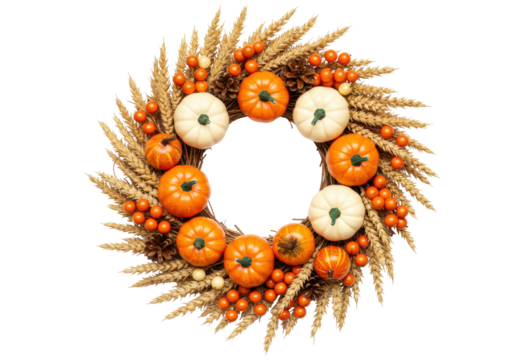 Festive autumn wreath with pumpkins and berries, isolated fall harvest decoration for Thanksgiving and seasonal design