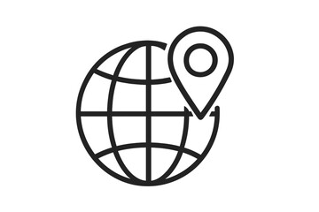 Globe and location pin icon. World map pointer symbol. Planet earth with marker for GPS, navigation, and address. Global travel, business, and destination concept. Line art.