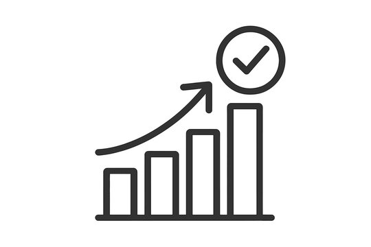 Linear graph icon showing upward trend with checkmark. Symbol of success, achievement, and business growth. Vector illustration for data analytics, finance report, and profit.