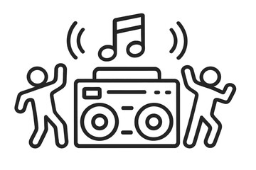 Party people dancing to loud music from a boombox. Fun celebration and festival concept. Minimalist line art vector icon. Audio entertainment and sound symbol design.