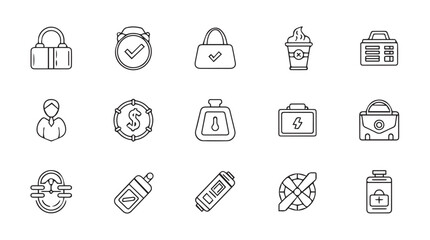 Set of 15 clean outline icons for business finance security and health topics vector