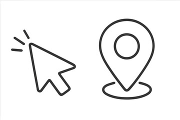 Vector icon set with a click cursor and a map pin. Linear pointer and location marker symbols for web, GPS, navigation, and destination concepts. Outline illustration.