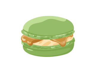Japanese macarons with matcha white chocolate and caramel. Flat vector clipart illustration with isolated background.