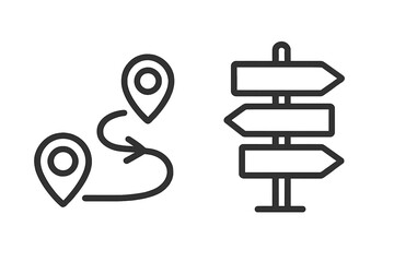 Location pointer icon set. Route path from start to destination. GPS navigation journey. Directional signpost for guidance, choice, and decision making. Travel concept vector.