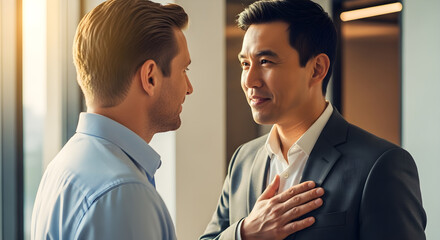 Two business partners, asian and caucasian, in friendly conversation