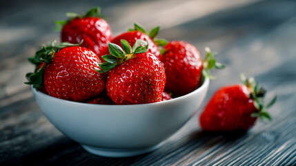 Close-up of fresh strawberries in a white bowl on a dark wooden table