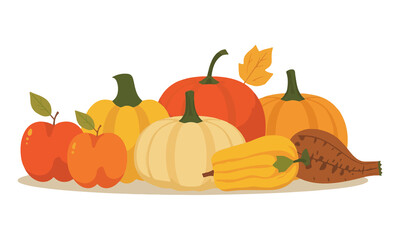 Autumn-themed still life illustration of seasonal food items, such as apples, pumpkins, and squash, arranged in a simple composition with png Transparent 
