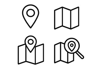 Map pointer and location pin icon set. Linear vector graphics for navigation and travel. GPS destination marker, folded map, and address search with a magnifying glass symbol.
