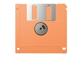 Orange floppy disk isolated on transparent background, vintage computer storage media for retro technology and data archiving