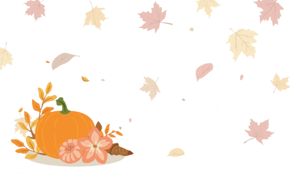 A vibrant and stylized illustration of autumn food, including a warm orange pumpkin and a few crisp yellow leaves with png Transparent 