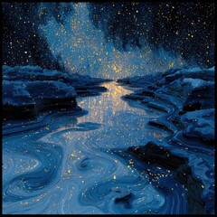 Abstract Blue Landscape with Golden Particle Lights and River