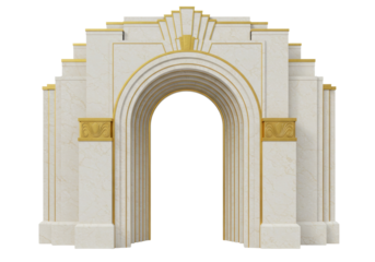 Art Deco archway isolated on transparent background, vintage architectural element with marble texture and golden accents for design projects