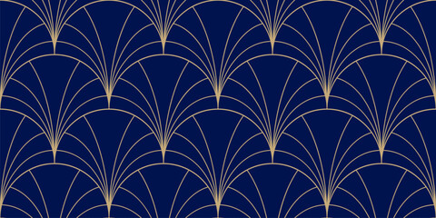 Luxury art deco seamless pattern. Dark blue and gold vector geometric linear texture with curved lines, fish scale ornament, peacock pattern, elegant grid.  Golden abstract background. Repeated design © Olgastocker
