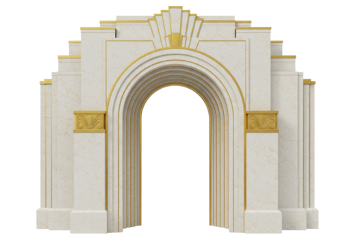 Art Deco archway isolated on transparent background, vintage architectural element with marble texture and golden accents for design projects