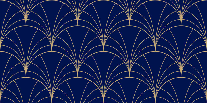 Luxury art deco seamless pattern. Dark blue and gold vector geometric linear texture with curved lines, fish scale ornament, peacock pattern, elegant grid.  Golden abstract background. Repeated design