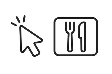 Online food ordering vector concept. Food delivery service. Click cursor pointer on restaurant sign with fork and knife. Choose a cafe, dinner menu. Booking a table. Takeaway.