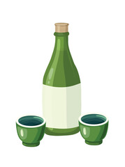 Glass bottle and cups of sake. Flat vector clipart illustration with isolated background.