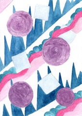 This watercolor illustration depicts a dynamic composition of geometric shapes and vibrant lines. The background is filled with diagonal blue triangles reminiscent of peaks or teeth. 