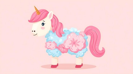 Naklejka premium A cute, fluffy unicorn with a pink mane and tail, adorned with blue and pink floral decorations.