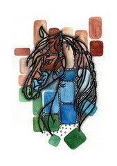 A horse head silhouette created using a combination of watercolor colored rectangles and smooth black lines. The figure is assembled from a mosaic of warm brown, azure, blue, and green hues. 