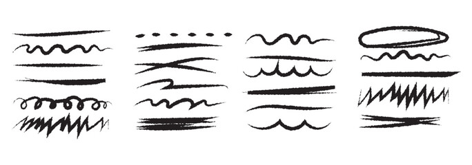 Chalk line underline brush set. Hand drawn crayon and pencil stroke with chalk texture and grunge mark for kid chalkboard design. Doodle border crayon underline in sketch style. Vector illustration 