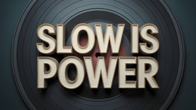 Slow is power text on a vinyl record with a dark background and a central hole visible in the image