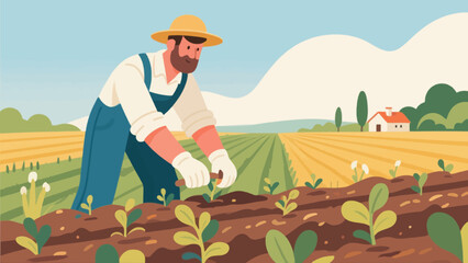Farmers are doing farm work in the fields, with cartoon hand-drawn vector illustrations