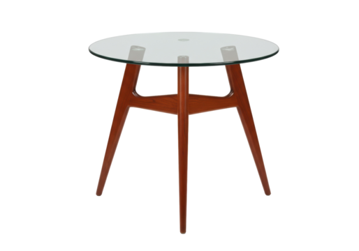 Round glass top side table isolated on white, mid-century modern accent furniture for living room or bedroom decor