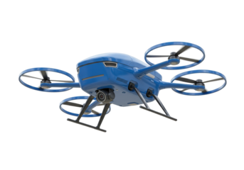 Blue drone with camera isolated on transparent background, modern unmanned aerial vehicle for photography and surveillance