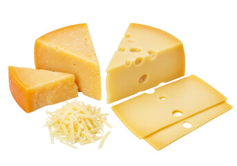 Assortment of cheese wedges and slices isolated on white, dairy product for cooking and snacking PNG