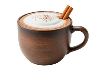 Hot chocolate with cinnamon sticks isolated, brown ceramic mug with foamy drink for winter holidays and cozy moments