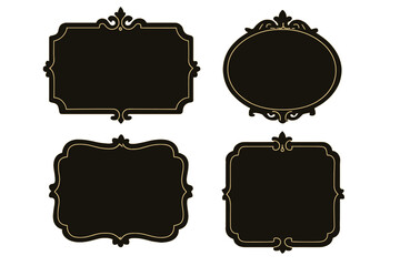 Elegant vintage black frames set with ornamental gold borders, decorative label design elements, classic elegant borders for invitations, tags, signage, and labels with transparent background