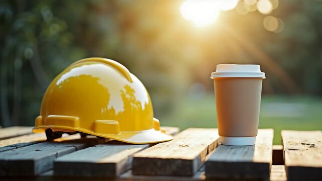 Yellow Construction Helmet and Coffee Cup on Wooden Table at Sunset for Construction Industry Blogs, Safety Awareness Websites, and Business Presentations