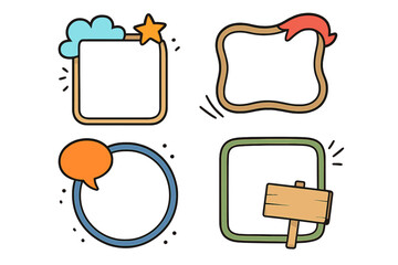 Colorful cartoon vector frames for text, set of four decorative speech, arrow, star, and signboard elements with transparent background, playful design for messages and notes