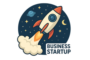 Business startup launch concept with cartoon rocket flying in space. Metaphor for a new project, mission success, development, growth, innovation, and exploration. Vector.