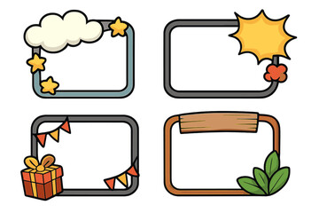 Cartoon vector decorative frames for text with cloud and stars, sunburst and flower, gift box and party flags, wooden board and leaves, set of fun colorful blank borders