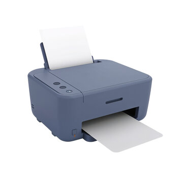 Modern printer emitting document on clear background, technology communication concept