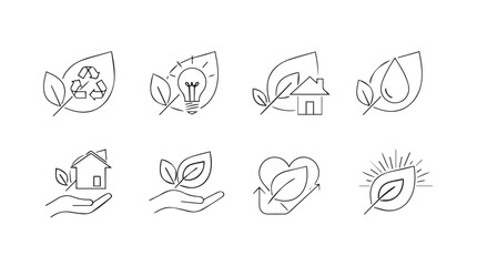 Green eco icons set nature sustainability renewable energy leaf drop recycling and heart concepts vector