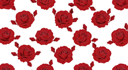 Seamless pattern of dark red roses and buds on a white background
