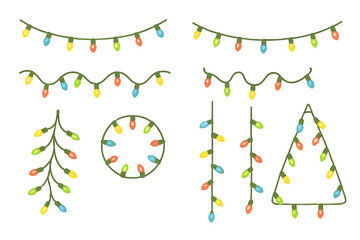 Christmas lights string garland elements set. Realistic cartoon vector illustration. Holiday decoration lightbulb collection. Xmas festive party lights on transparent background.