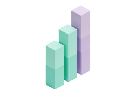 Isometric bar graph in pastel colors isolated on transparent PNG, business data visualization for presentations and infographics