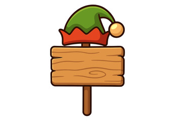 Christmas wooden sign with elf hat. Holiday decoration element. North Pole signboard. Xmas welcome banner for text. Cartoon vector illustration isolated on white background.