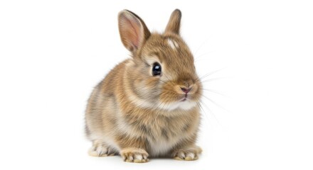 Fototapeta premium Cute Small Brown Bunny Rabbit Sitting on White Background with Soft Lighting