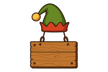 Elf hat on a hanging wooden sign for Christmas message. Blank rustic signboard for holiday text. Cartoon vector illustration. Xmas decoration element for winter greetings.