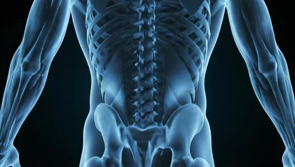 Digital wireframe human anatomy with muscles emphasized in glowing lines, wide cinematic loop.