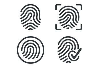 Fingerprint icon set for biometric identification, security access, and identity verification. Vector thumbprint scanner and digital authentication technology symbol for a unique ID.